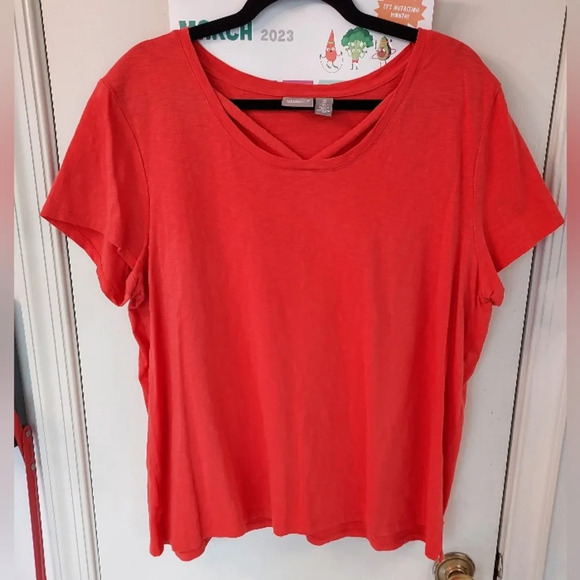 Chico's Orange-Red Scoop Neck with Cutout Short Sleeve Shirt in Size 3 - Picture 1 of 8